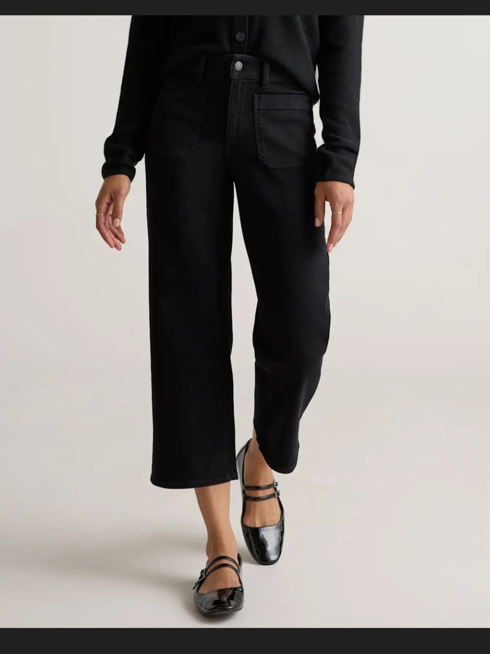 Quince Bella Stretch Patch Pocket Wide Legged Jeans, Black , size 32